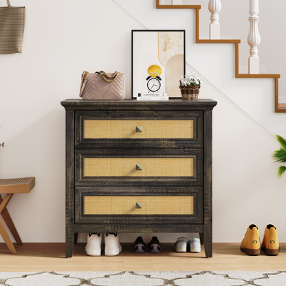3 Drawer Dresser Rattan Dresser Wood Chest of Drawers Farmhouse Closet Dressers Modern Bedside Table Rustic Nightstand Storage Cabinet for Bedroom, Hallway, Living Room, Dark Rustic Oak image 3