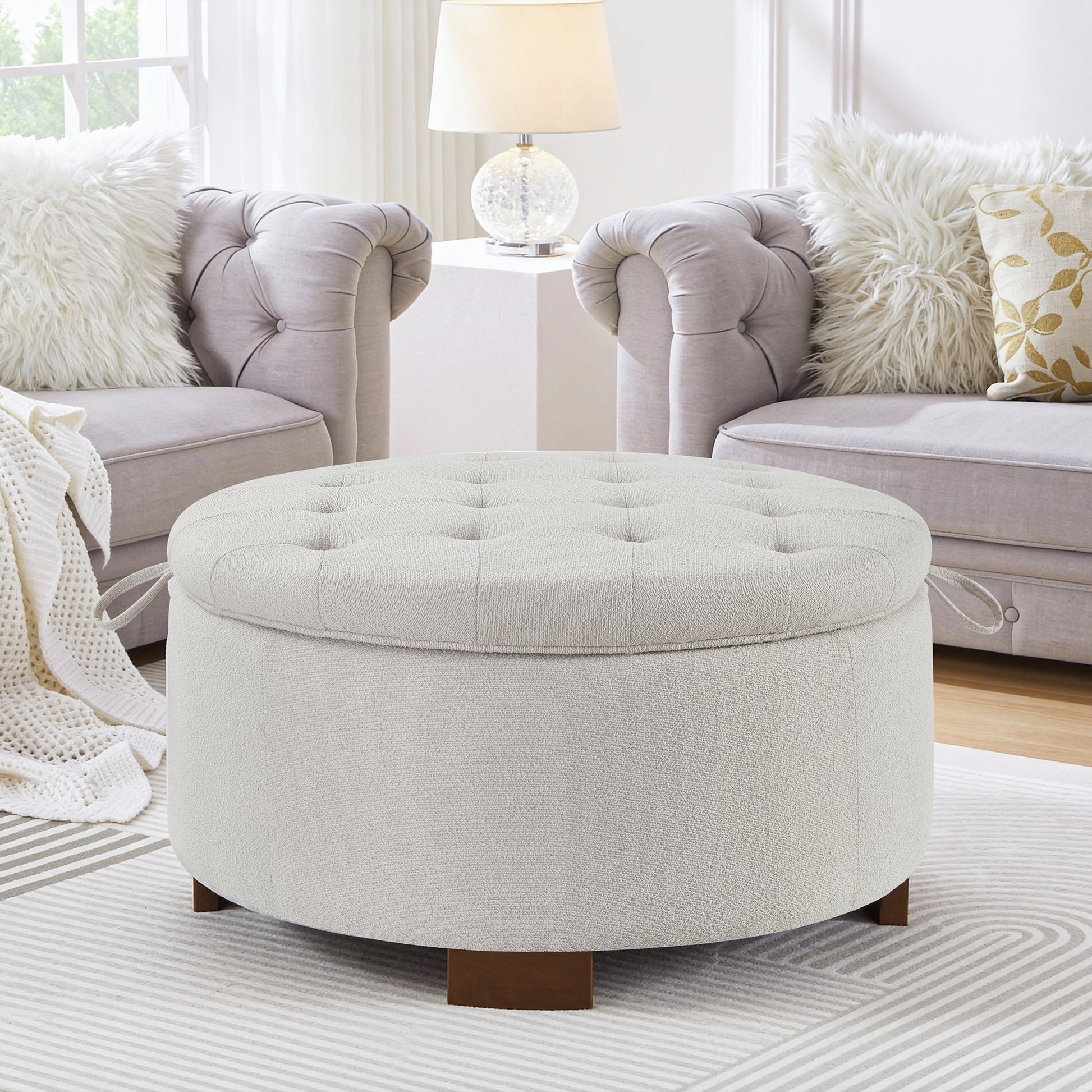 Round Storage Ottoman with Reversible Lid - Boucle Fabric Upholstered Footstool, Hidden Storage Compartment, Wooden Legs, Dual-Purpose Seat & Side Table for Living Room, Bedroom - BEIGE image 2