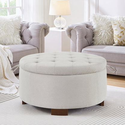 Round Storage Ottoman with Reversible Lid - Boucle Fabric Upholstered Footstool, Hidden Storage Compartment, Wooden Legs, Dual-Purpose Seat & Side Table for Living Room, Bedroom - BEIGE image 2