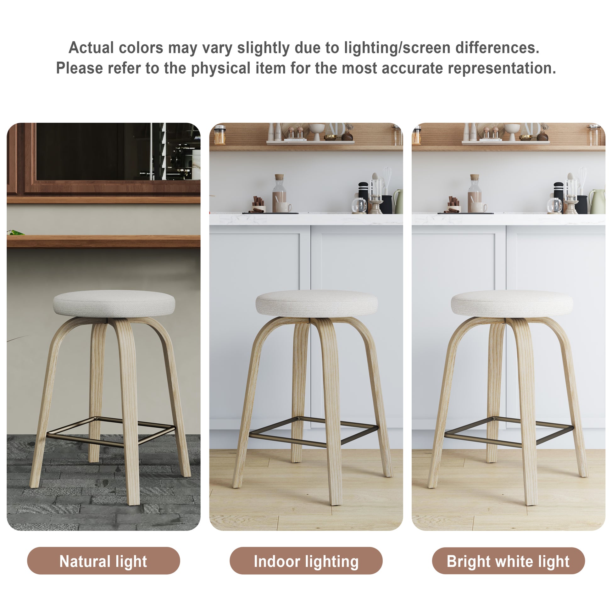 Swivel Bar Stools Set of 2, Counter Height Backless 26″ Bar Stool, Fabric Upholstered Seat, Sturdy Wood Legs and Metal Footrest, Mid-Century Modern Island Stools for Home Bars, Restaurants, Beige image 11