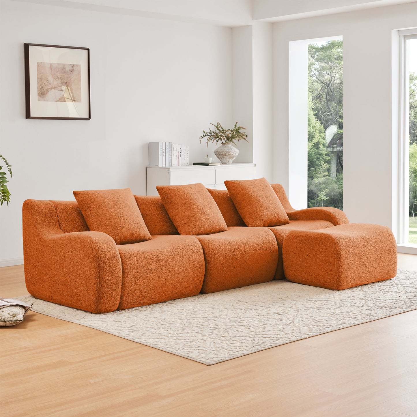 Boneless Sofa,3 Seat High-Quality Teddy Fabric,Anti-Slip Design,No Assembly Curved Armrests Streamlined Design,Assembly Chaise 32D High Density Sponge For Living Rooms Bedrooms,Orange image 1