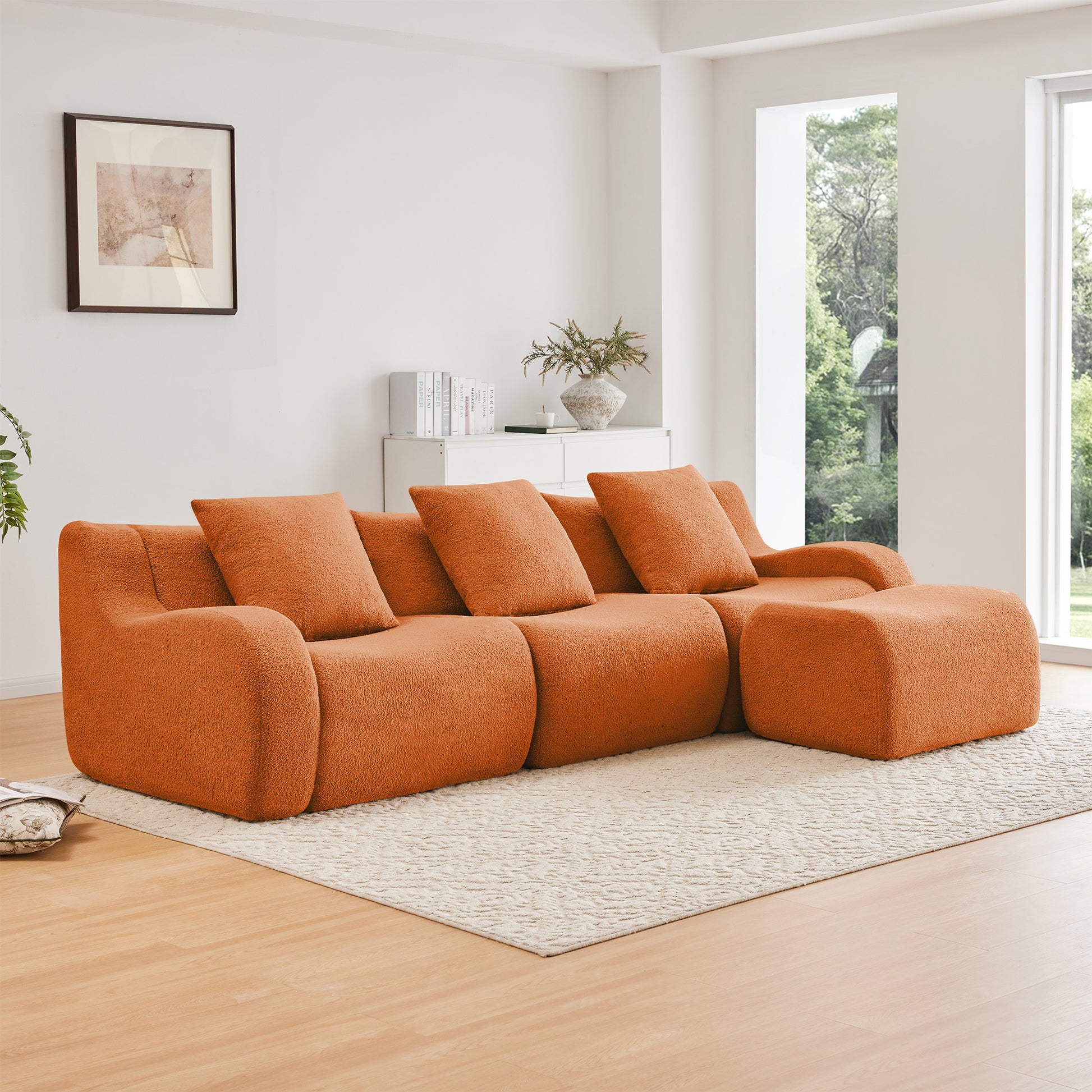 Boneless Sofa,3 Seat High-Quality Teddy Fabric,Anti-Slip Design,No Assembly Curved Armrests Streamlined Design,Assembly Chaise 32D High Density Sponge For Living Rooms Bedrooms,Orange image 1