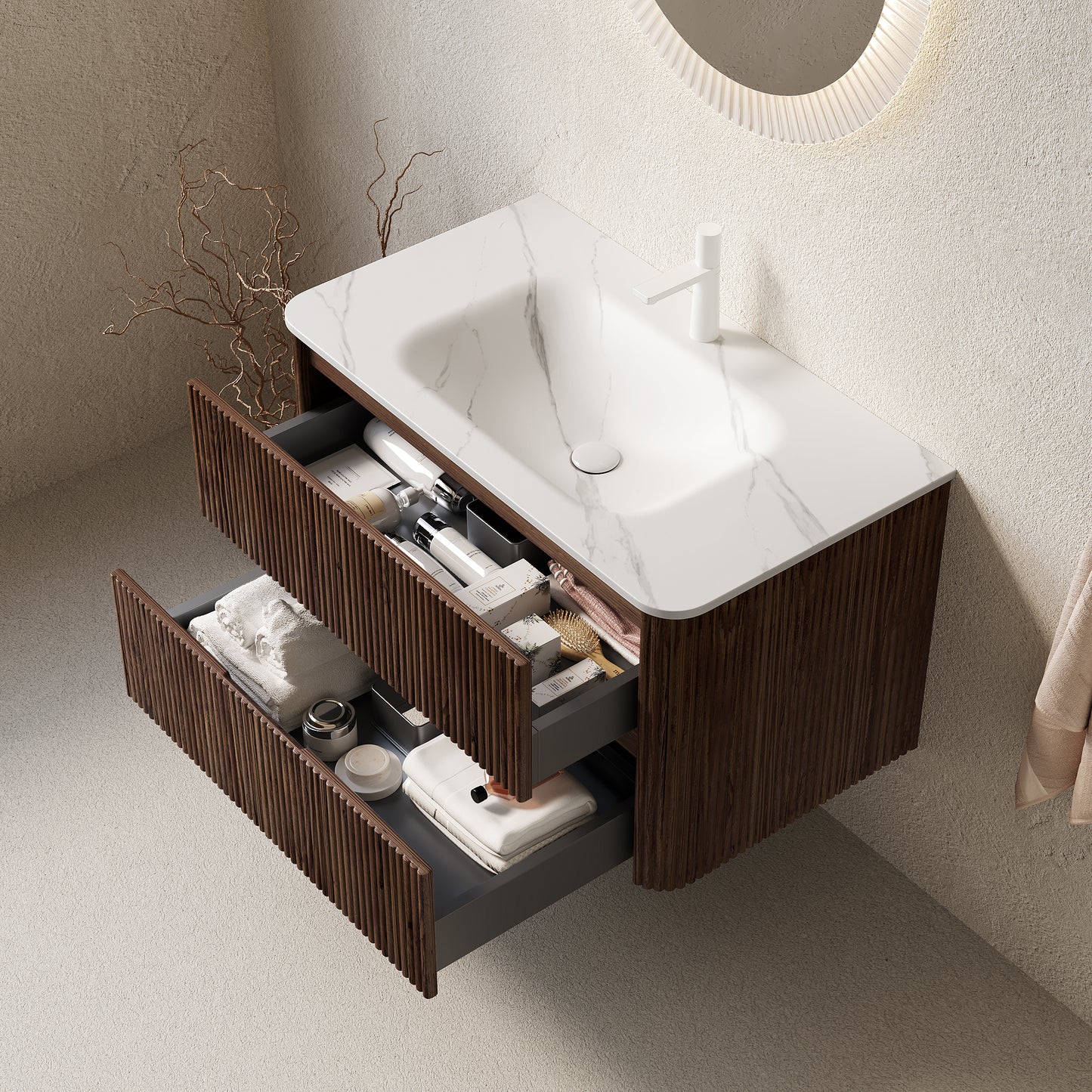 NOOR 36" Bathroom Vanity&Sink, Floating Stripe Plywood Storage Cabinet with 2 Drawers, Carrara White Sintered Stone Hot-bent Integrated Rectangle Basin, Pre-assembled, Retro Walnut Woodgrain Color image 2
