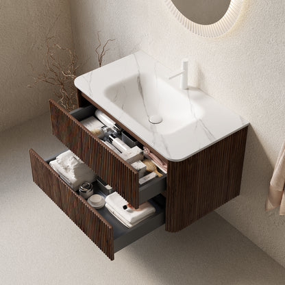 NOOR 36" Bathroom Vanity&Sink, Floating Stripe Plywood Storage Cabinet with 2 Drawers, Carrara White Sintered Stone Hot-bent Integrated Rectangle Basin, Pre-assembled, Retro Walnut Woodgrain Color image 2