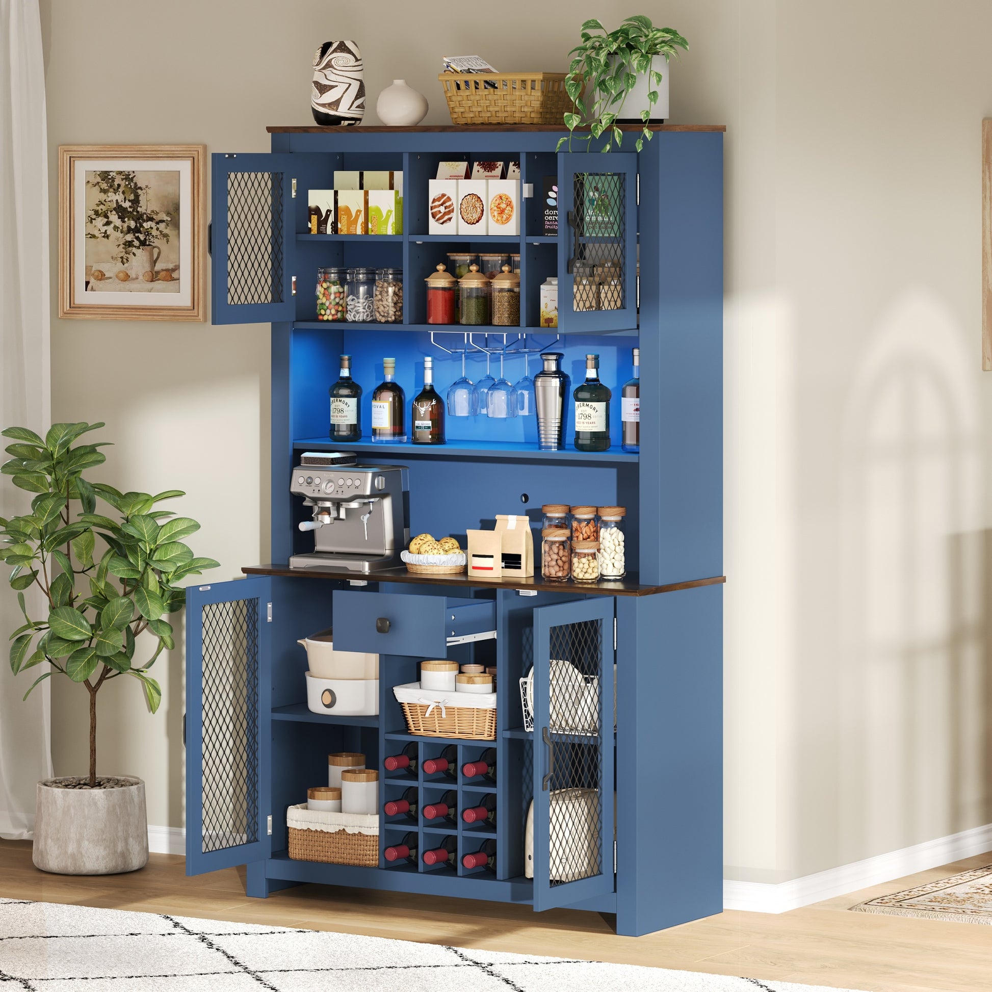 70.9" Kitchen Pantry Storage Cabinet Rustic Buffet Cabinet, Kitchen Hutch Cabinet with LED Outlets Food Pantry Cabinet with Doors and Shelves Wine Rack for Dining Room, Navy Blue image 2