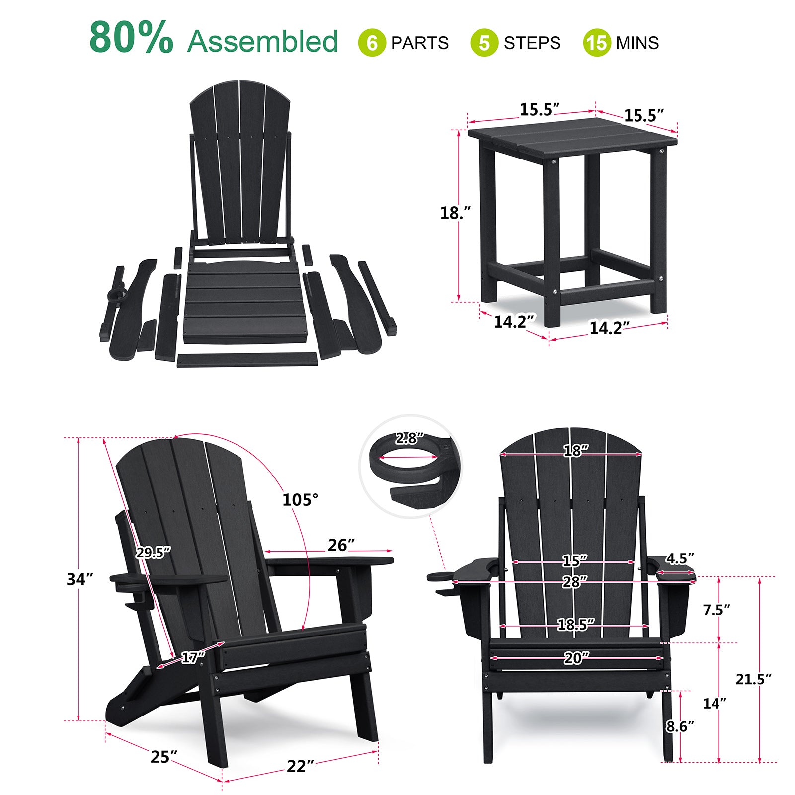 Folding Outdoor Adirondack Chair Set of 2 and Table Set,HDPE All-weather Folding Fire Pit Chair, Ergonomic Design Patio Lawn Chair for Outside Deck Garden Backyardf Balcony, Black image 4