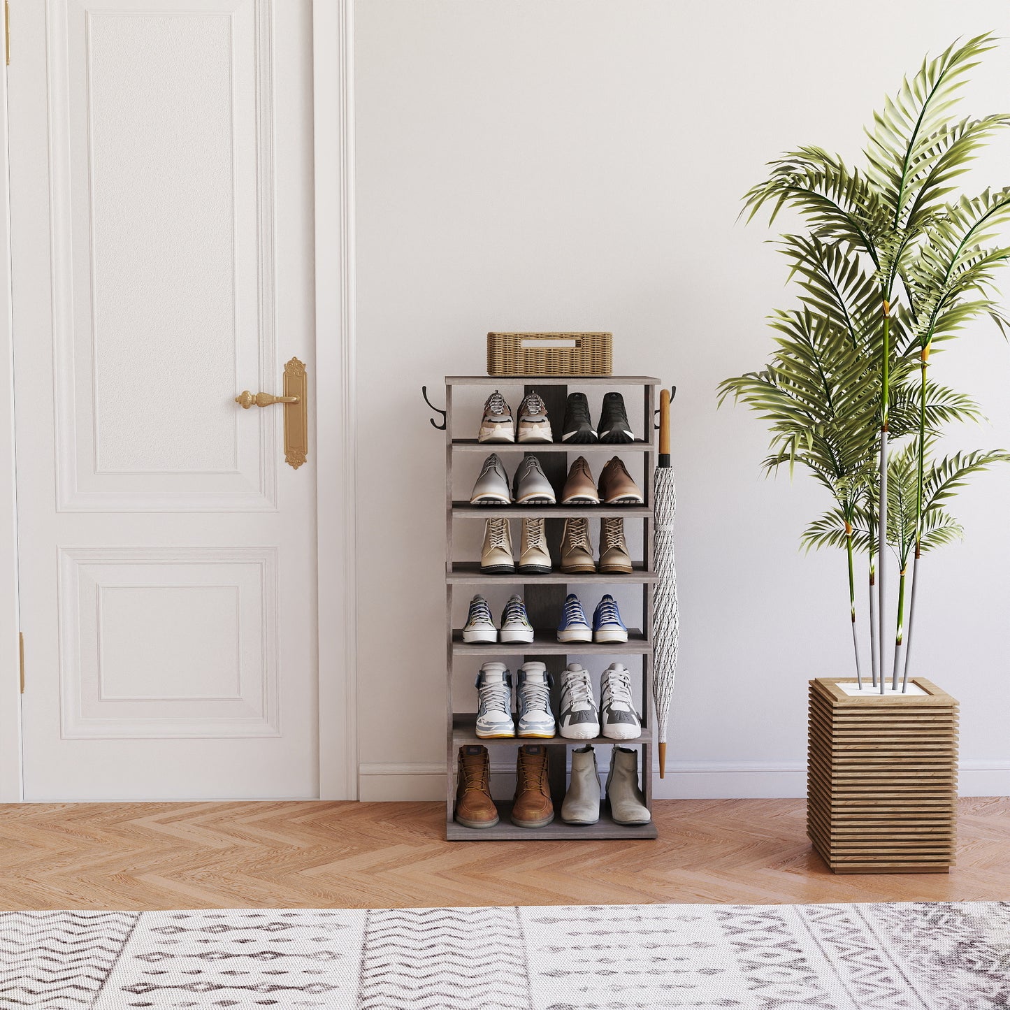 Shoe Rack,7 Tier Shoe Storage Organizer with Hooks, Entryway Shoe Tower,12-14Pairs Shoes,Vertical Shoe Organizer,Vertical Shoe Organizer,Easy Assemble,Saving Space,Rustic Gray image 6