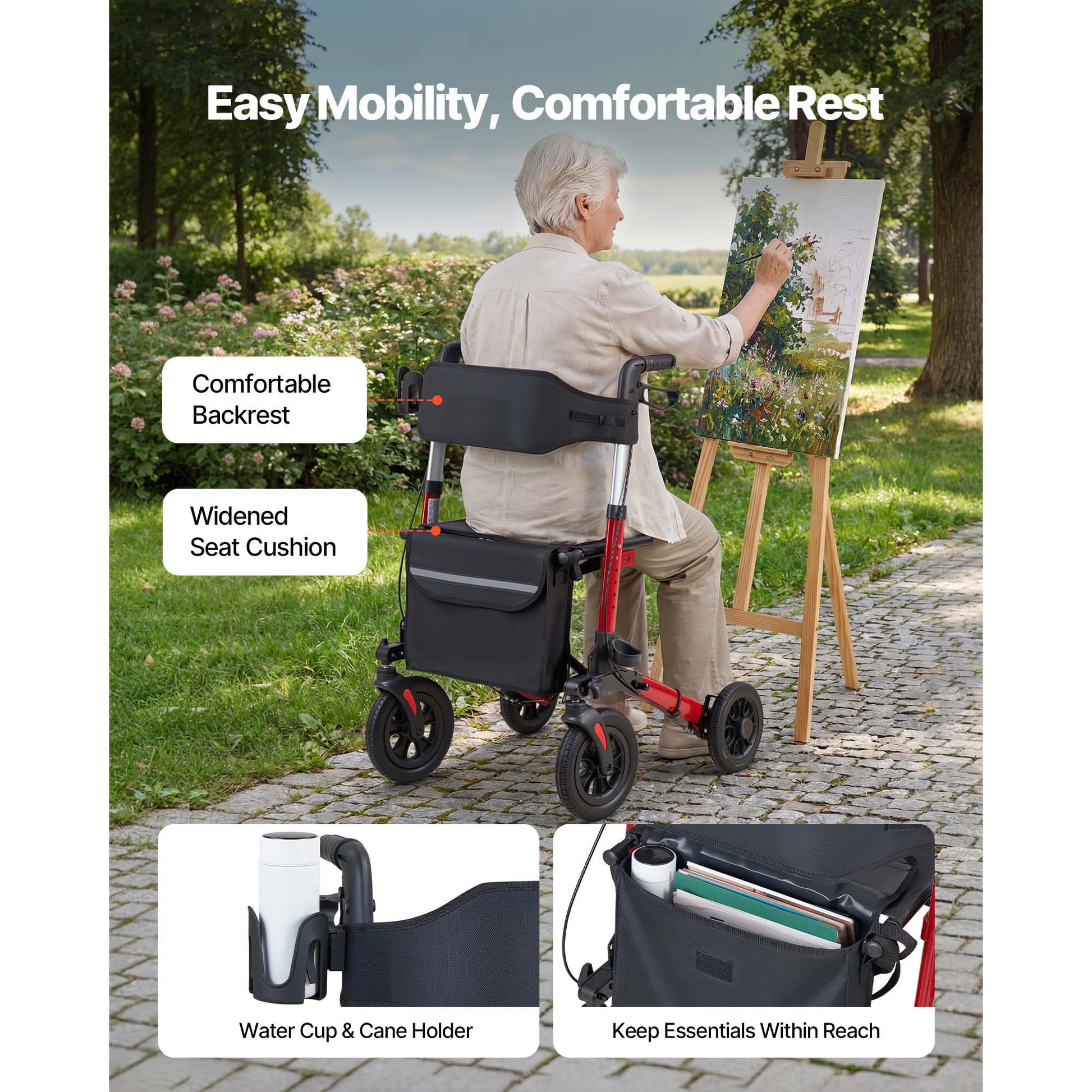 Rollator Walker with Seat for Seniors, Ultra Compact 3-Fold Rolling Walker, Lightweight Aluminum Mobility Walking Aid with PU Solid Wheels, Adjustable Handle, Cup & Cane Holder - Supports 300LBS image 2