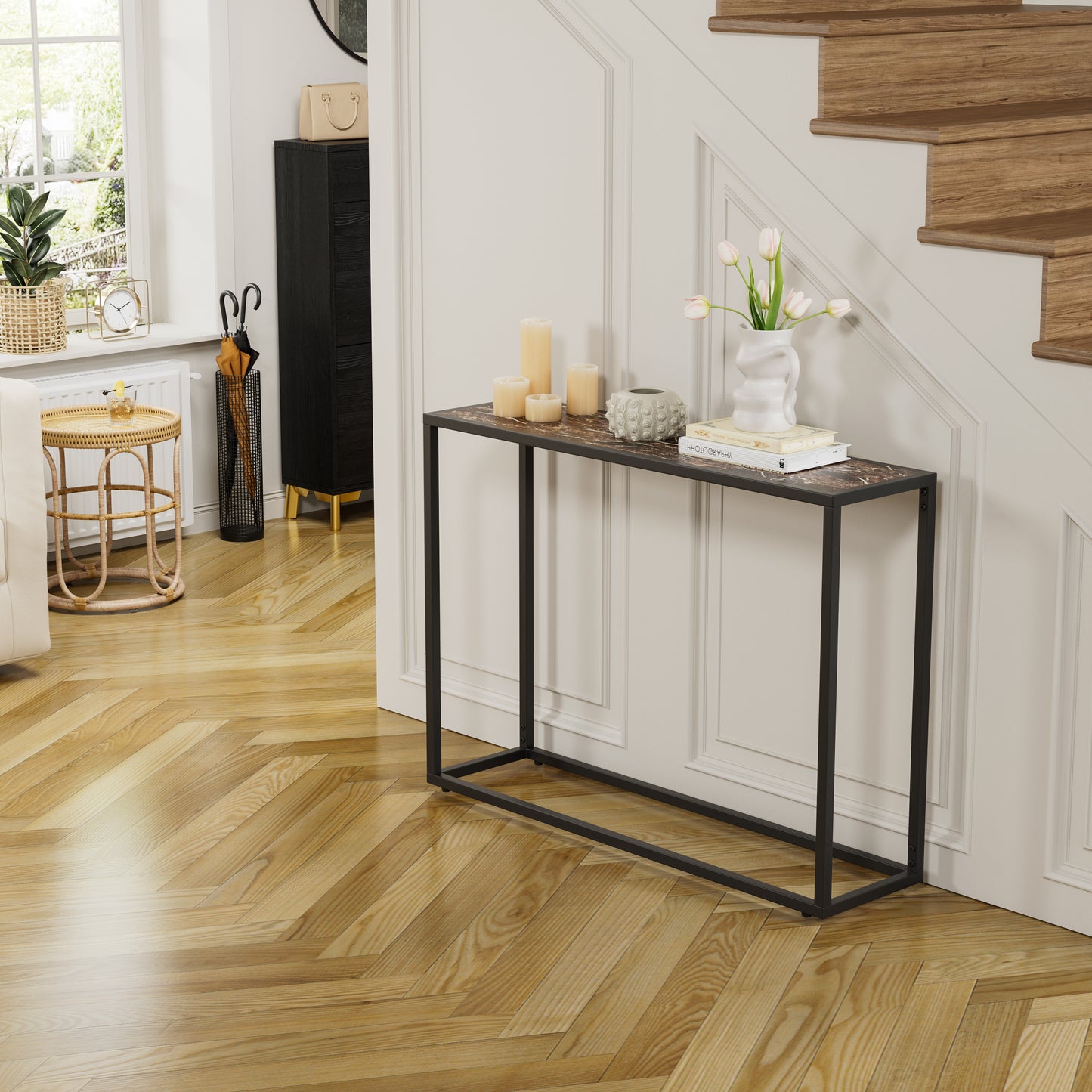 Narrow console table, high-end edge wrapped foyer table, entrance, industrial corridor table, living room, foyer, rural brown and black image 3