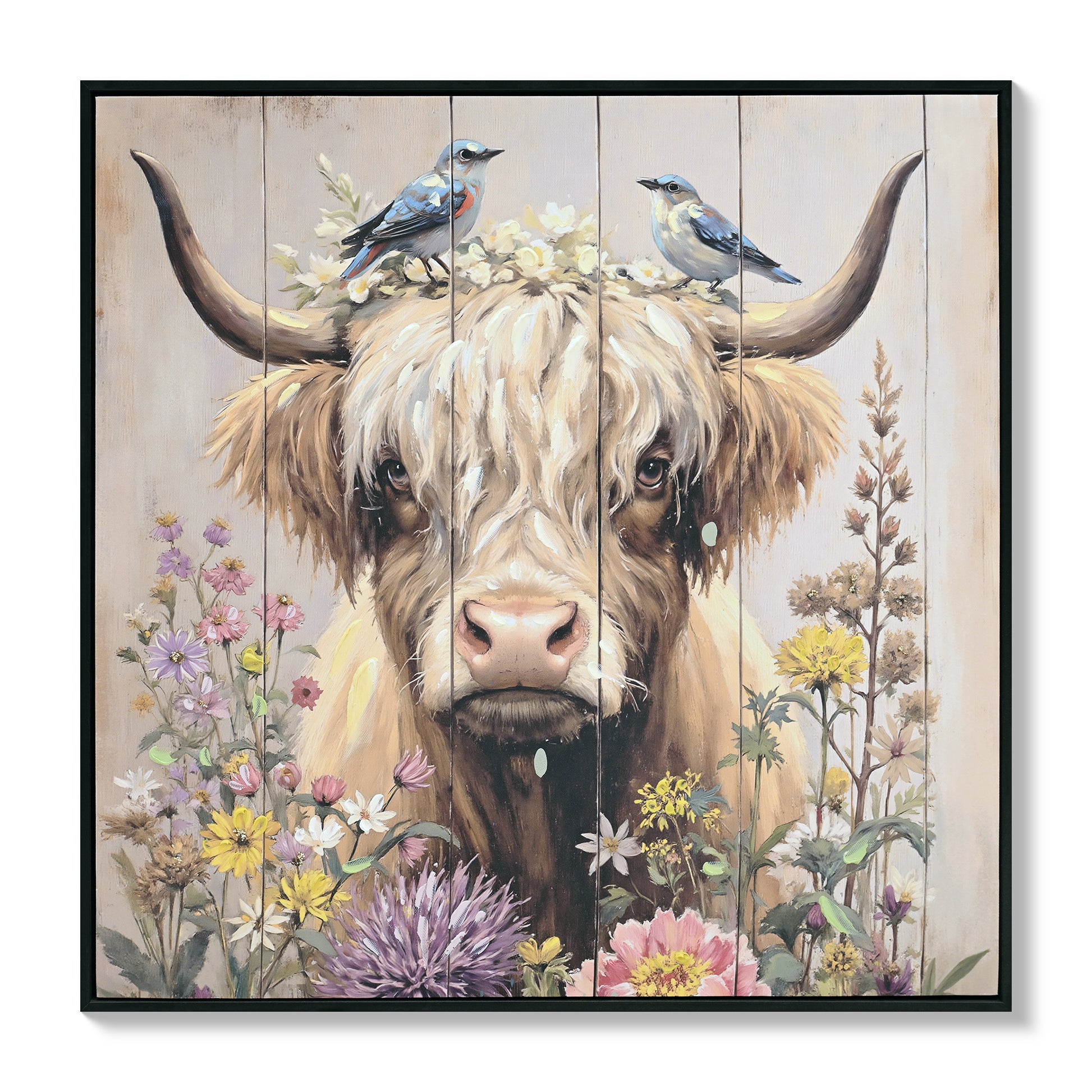 Farmhouse Highland Cow Wall Decor in Neutral colour: Rustic Cow and Chrysanthemum picture Canvas Art Print, Gift for Bathroom or Kitchen, Ideal Animal Artwork for Living Room 24*24INCH image 3