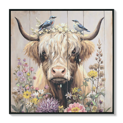 Farmhouse Highland Cow Wall Decor in Neutral colour: Rustic Cow and Chrysanthemum picture Canvas Art Print, Gift for Bathroom or Kitchen, Ideal Animal Artwork for Living Room 24*24INCH image 3