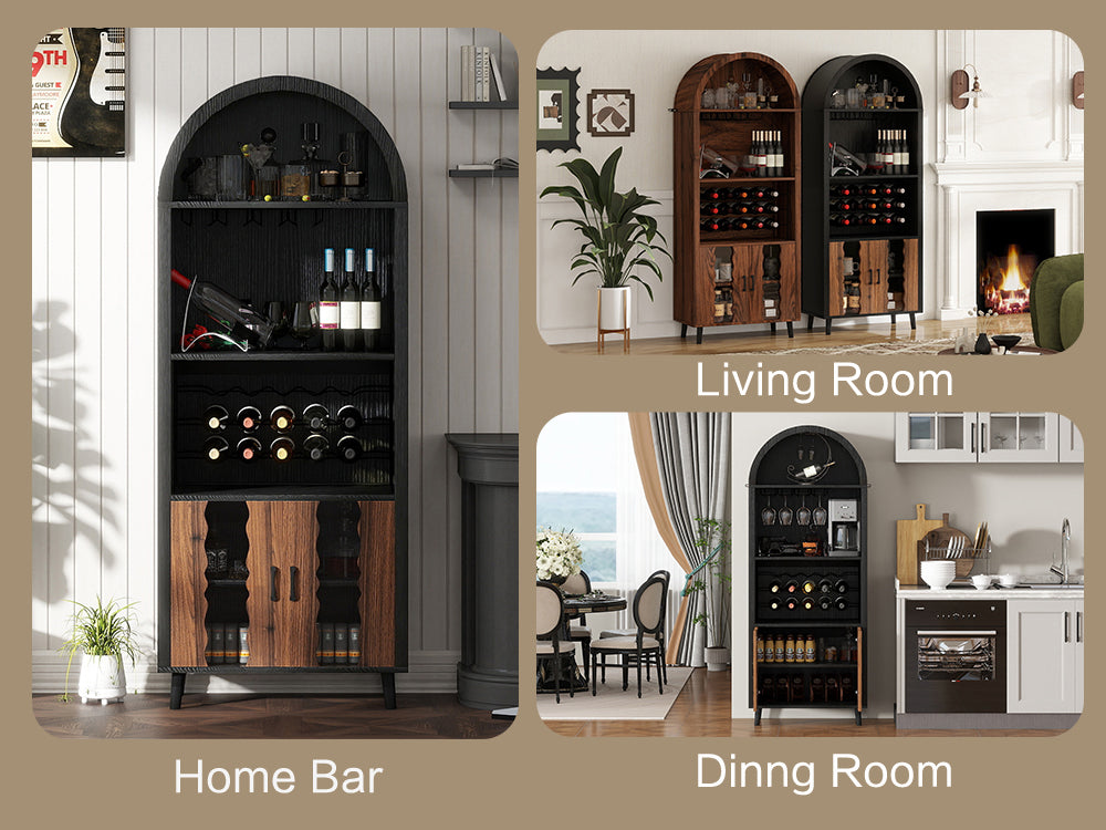 71"Farmhouse Arched Wine Bar Cabinet: tall arched display cabinet, arch black cabinets &coffee bar, whiskey station with wine rack and Wine Glass Holder - Liquor Bars Cabinet for Living Dining Room image 9
