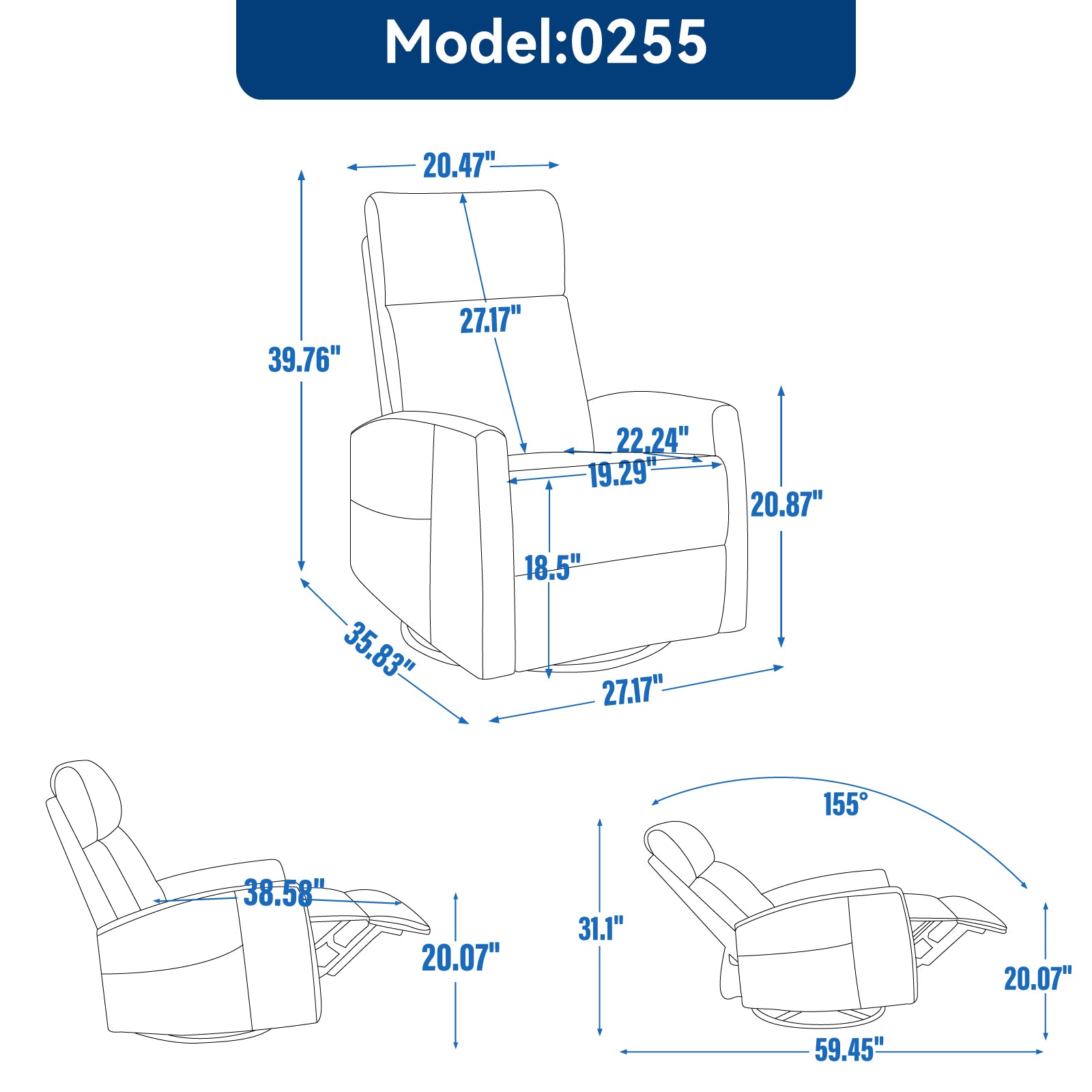 Heat Massage Manual Recliner Chair with Rocker and Swivel in Fabric for Living Room, Blue image 3