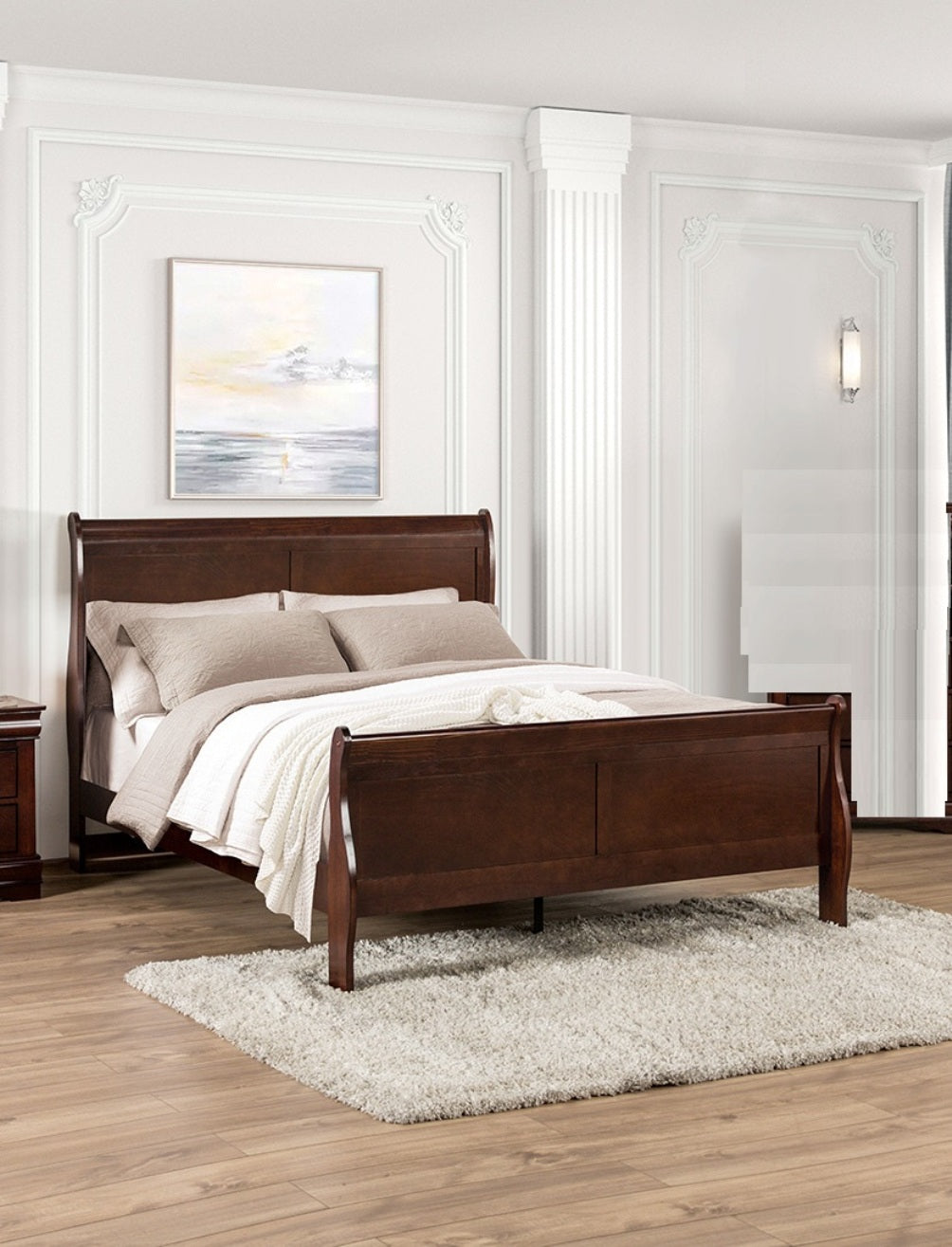 Dark Cherry Sleigh Design 1pc Queen Size Bed Bedroom Furniture Louis Phillipe Bed Bracket Feet Wooden image 4