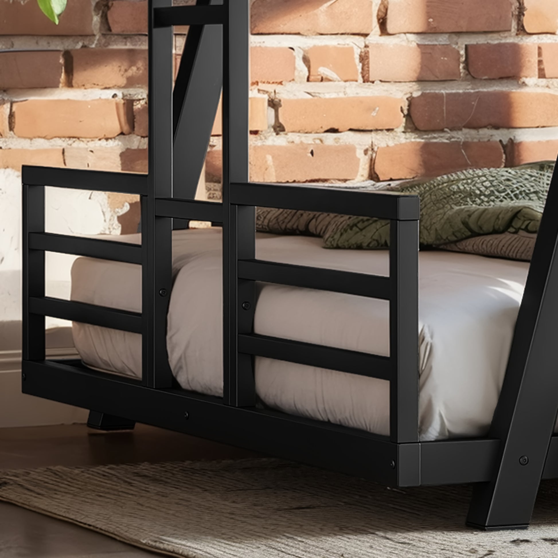 Queen over Queen Bunk Bed with 2 Side Ladders, Metal Bunk Bed with Spdcial Support Leg Design, Low Profile Bunk Bed, Black image 6