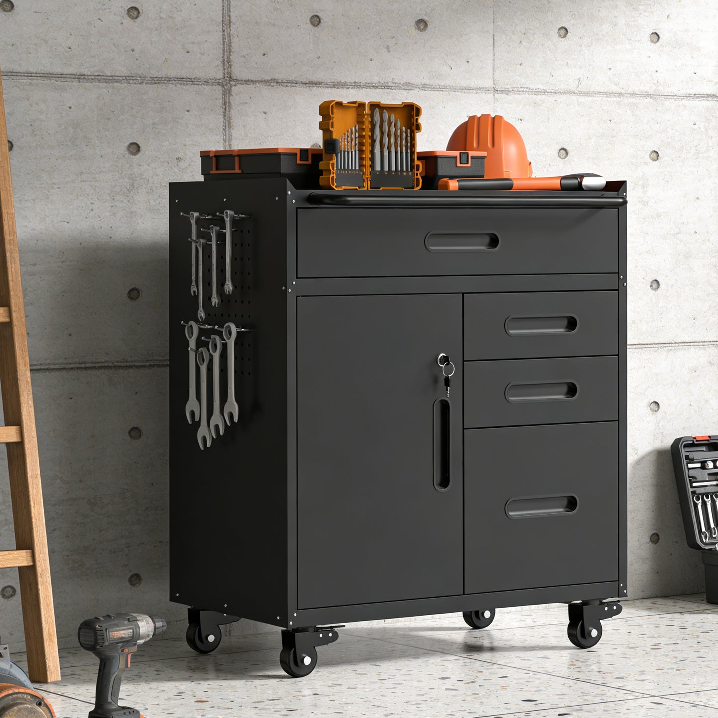 34.3" Mobile Tool Storage Cabinet - Garage Organizer with Lockable Compartment & 4 Drawers, Rolling Steel Chest for Workshop and Home Garage image 5