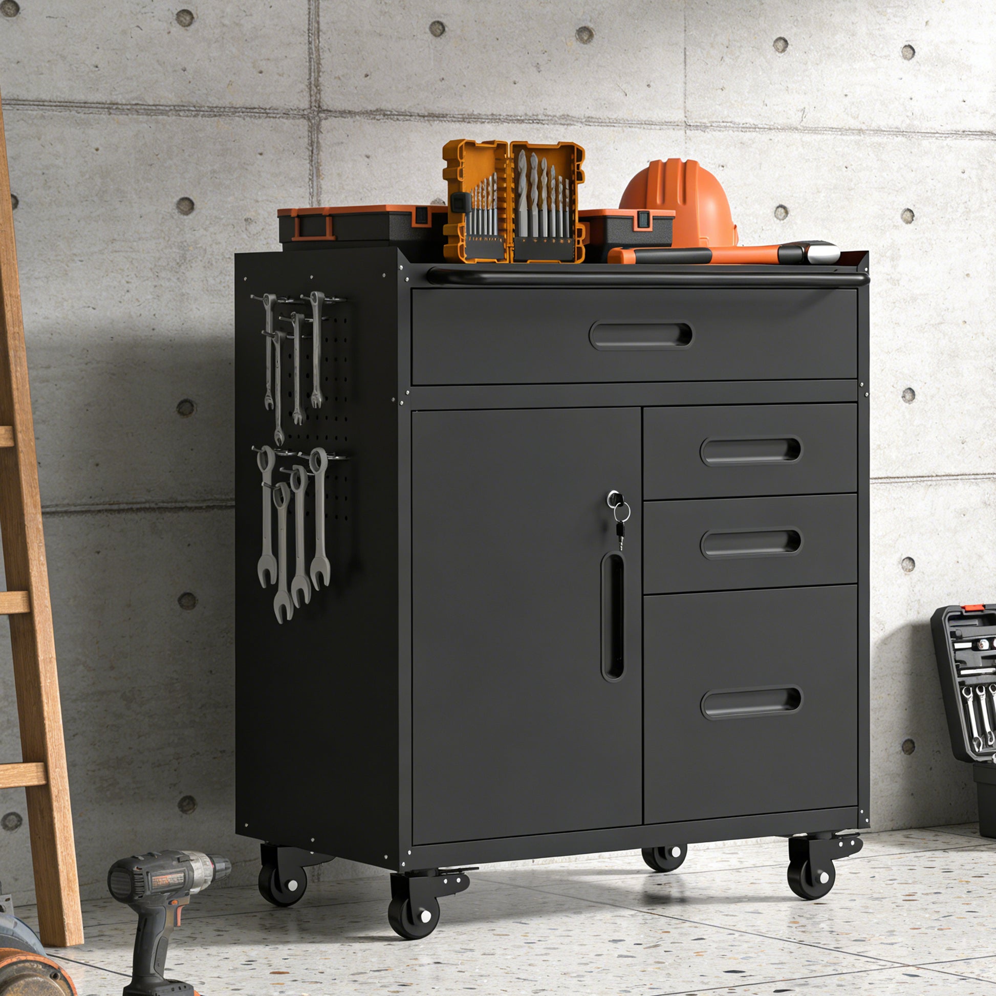 34.3" Mobile Tool Storage Cabinet - Garage Organizer with Lockable Compartment & 4 Drawers, Rolling Steel Chest for Workshop and Home Garage image 5