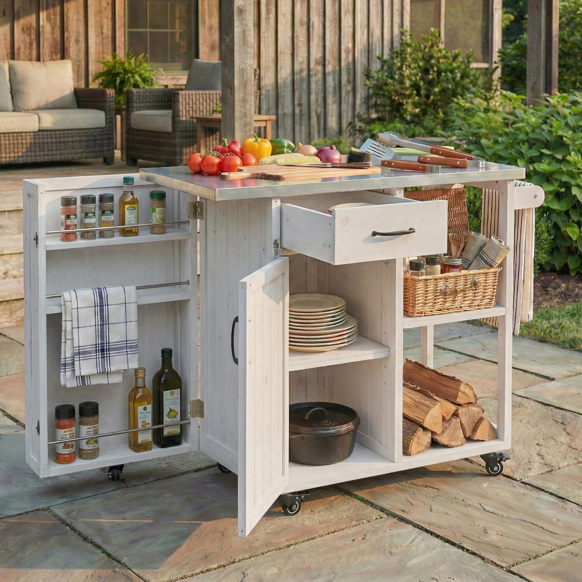 Outdoor Kitchen Island Fir Wood Prep Station Lockable Kitchen Cart with Stainless Top, Ample Storage Space, Towel and Spice Racks for Patio and Outdoor, White image 7