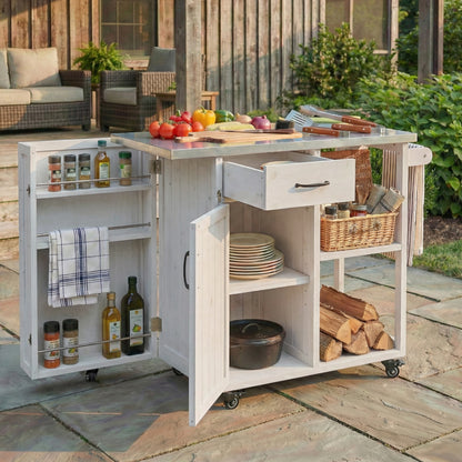Outdoor Kitchen Island Fir Wood Prep Station Lockable Kitchen Cart with Stainless Top, Ample Storage Space, Towel and Spice Racks for Patio and Outdoor, White image 7