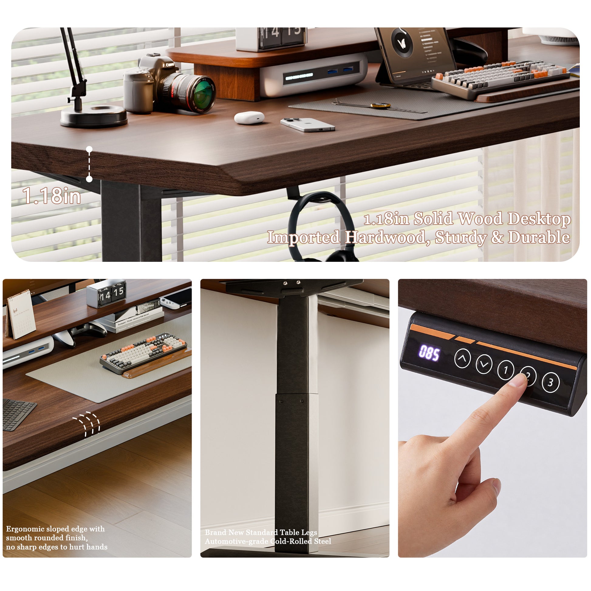 Solid Rubberwood Electric Standing Desk, Adjustable Height Sit Stand Desk with Single Motor, Ergonomic Home Office Desk with 2-Tier Legs image 9