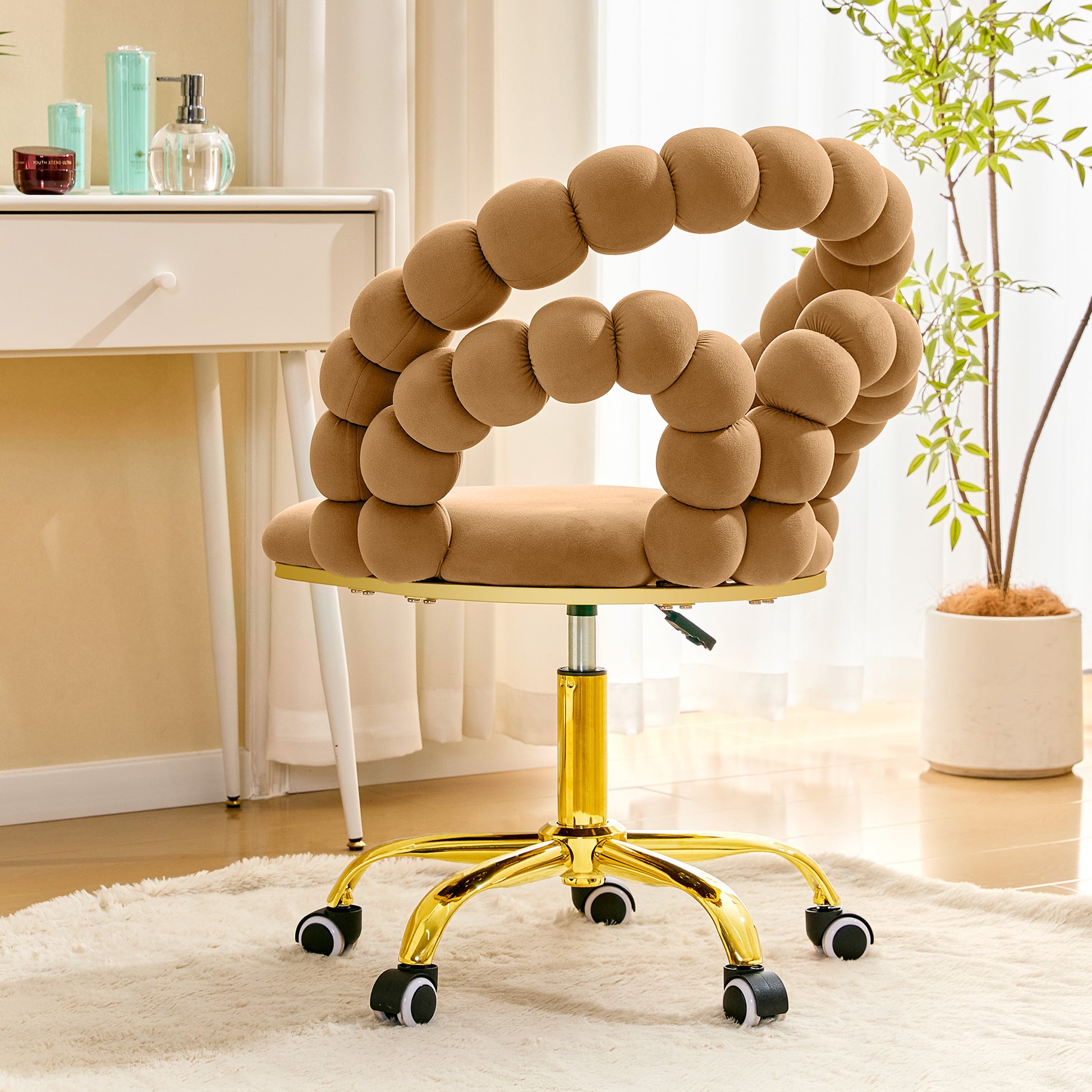 Velvet Bubble Back Swivel Office Chair, Adjustable Height Cute Vanity Chair with Gold Base & Wheels for Bedroom, Makeup Room. image 3
