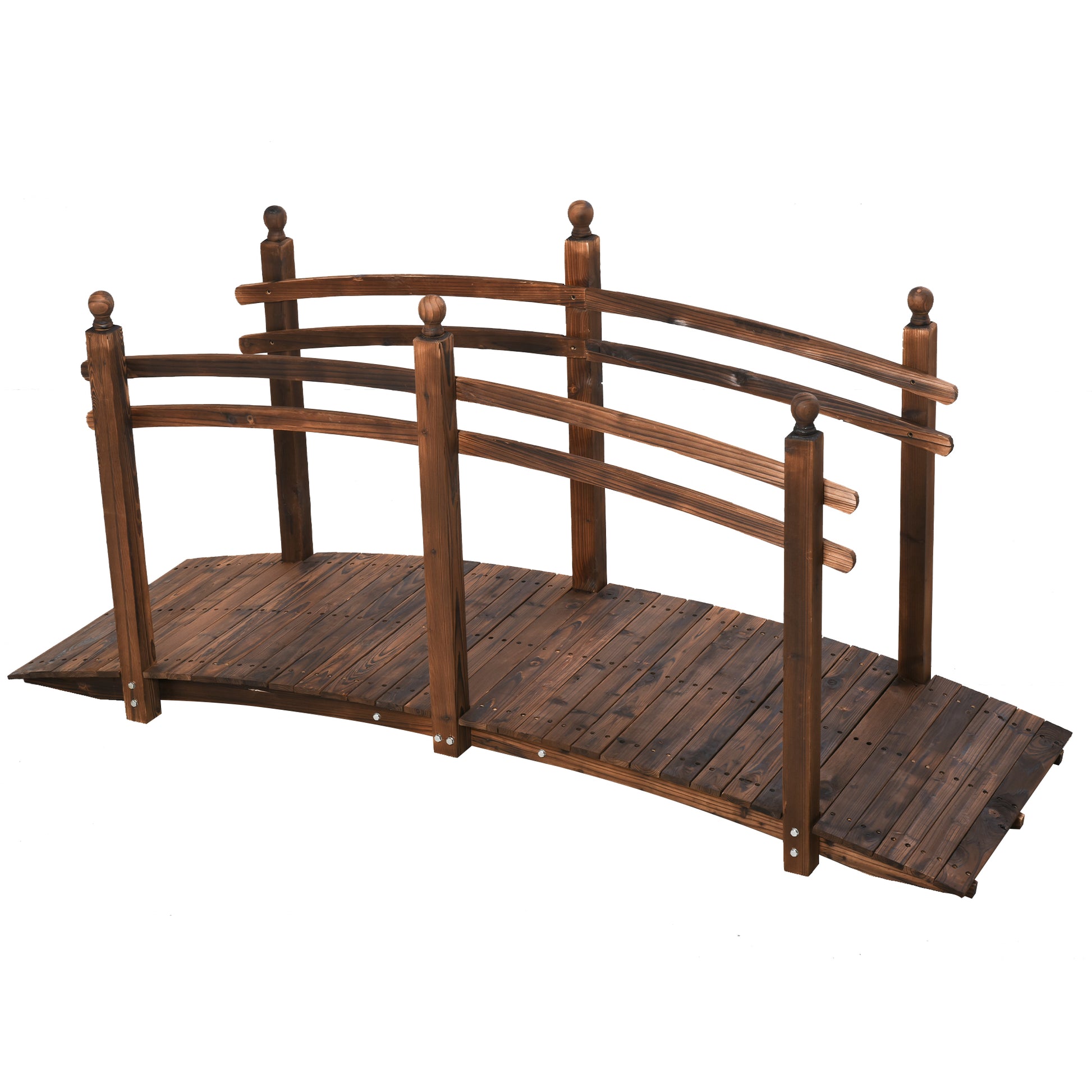 Outsunny 7.5' Fir Wood Garden Bridge Arc Walkway with Side Railings, Perfect for Backyards, Gardens, & Streams, Carbonized image 1