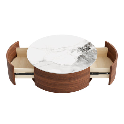 Modern Round Movable Coffee Table with Casters, 2 Drawers, Marble Pattern Sintered Stone Top, Walnut, 29.5" image 12