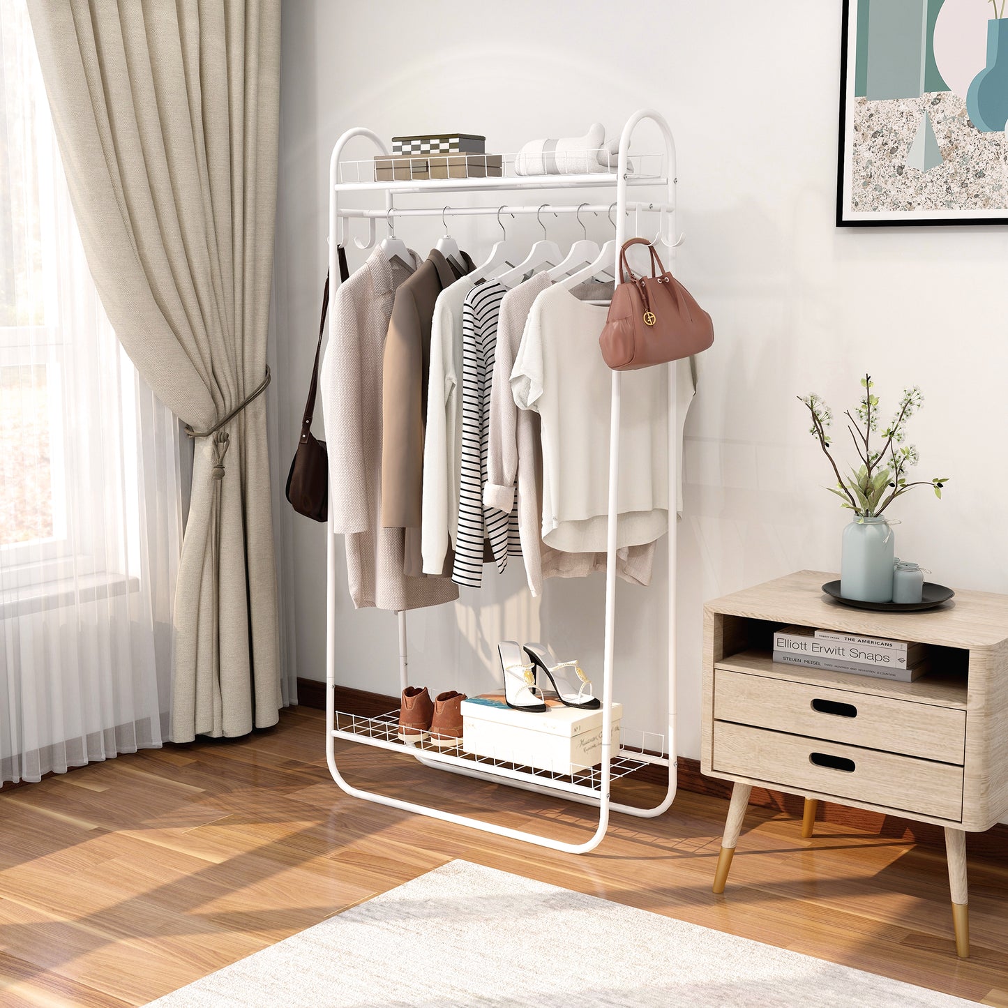 Garment Rack Freestanding Heavy Duty Clothing Rack, Metal Rolling Clothes Rack with Double Shelves, Portable Wardrobe Rack for Hanging Clothes image 2