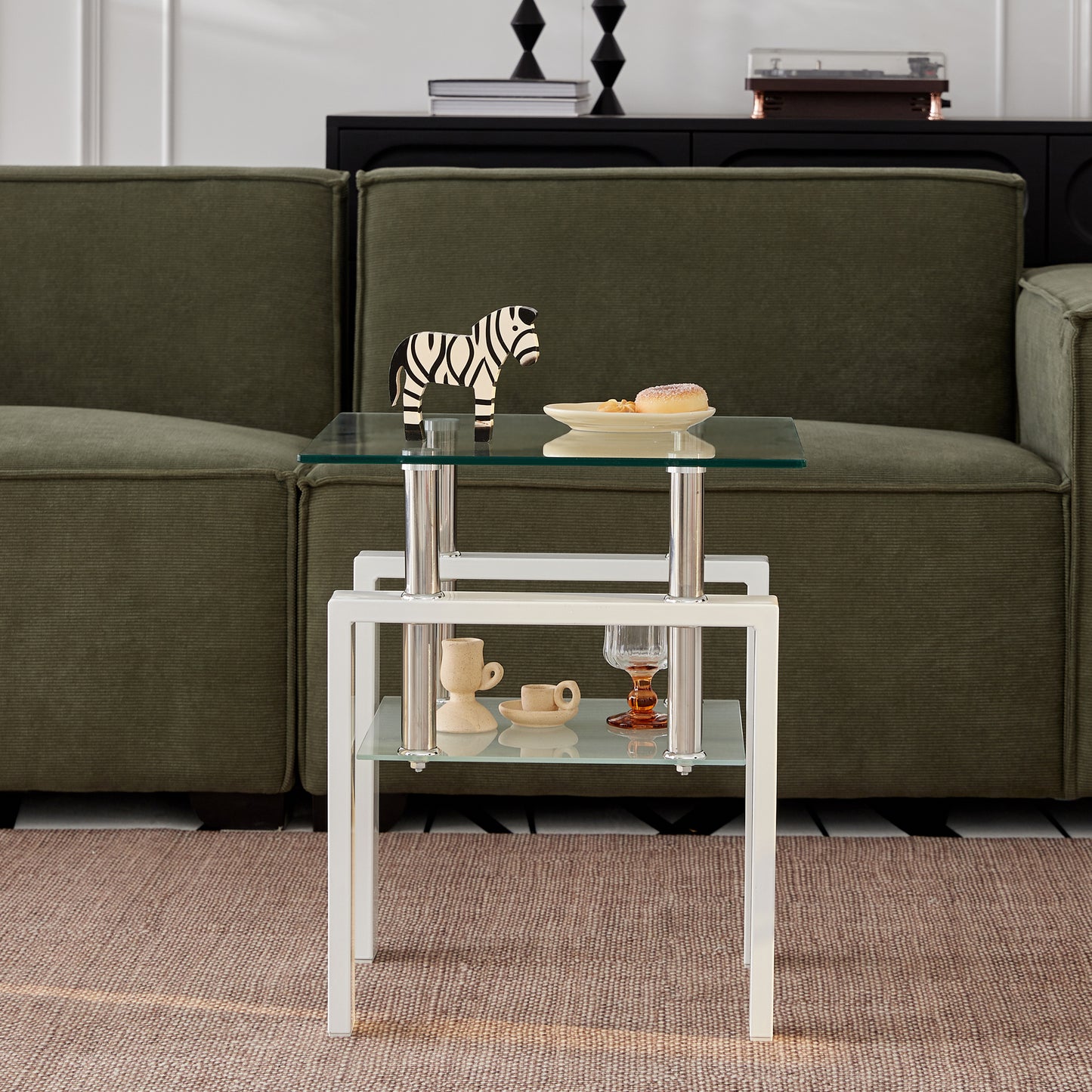 2 pieces White Tempered Clear Glass End Table, 2-Layers Small Table with Storage, Living Room Side Table image 3
