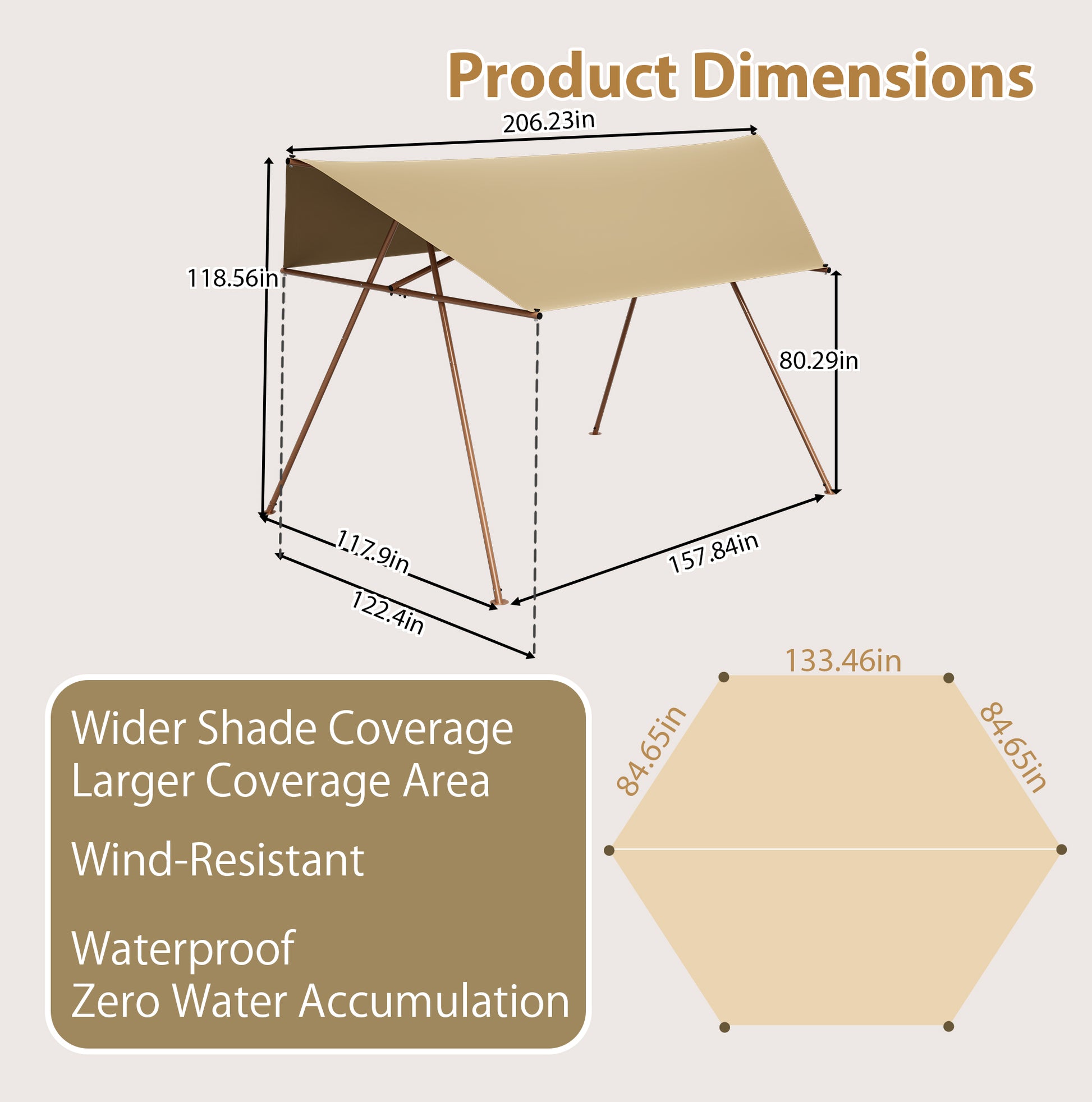 Hexagonal Shade Sail Canopy, Large 206"x118" UV Block Sun Shade with UPF 50+, Waterproof High-Density Polyester Fabric, Brown Rust-Resistant Poles & Built-in Hooks for Patio Backyard – Light Khaki image 2