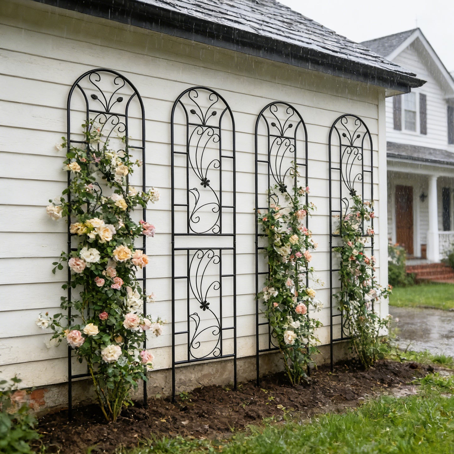4 Pack Metal Garden Trellis 86.7" x 19.7" Rustproof Trellis for Climbing Plants Outdoor Flower Support Peacock Style Black image 1