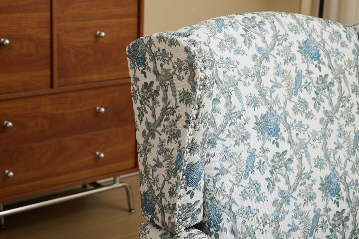 Modern Accent Chair with Retro Wood Legs, Comfy Upholstered Armchair, Floral Design Single Sofa Chair for Living Room Bedroom Office - Blue Bird image 7