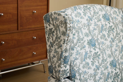 Modern Accent Chair with Retro Wood Legs, Comfy Upholstered Armchair, Floral Design Single Sofa Chair for Living Room Bedroom Office - Blue Bird image 7
