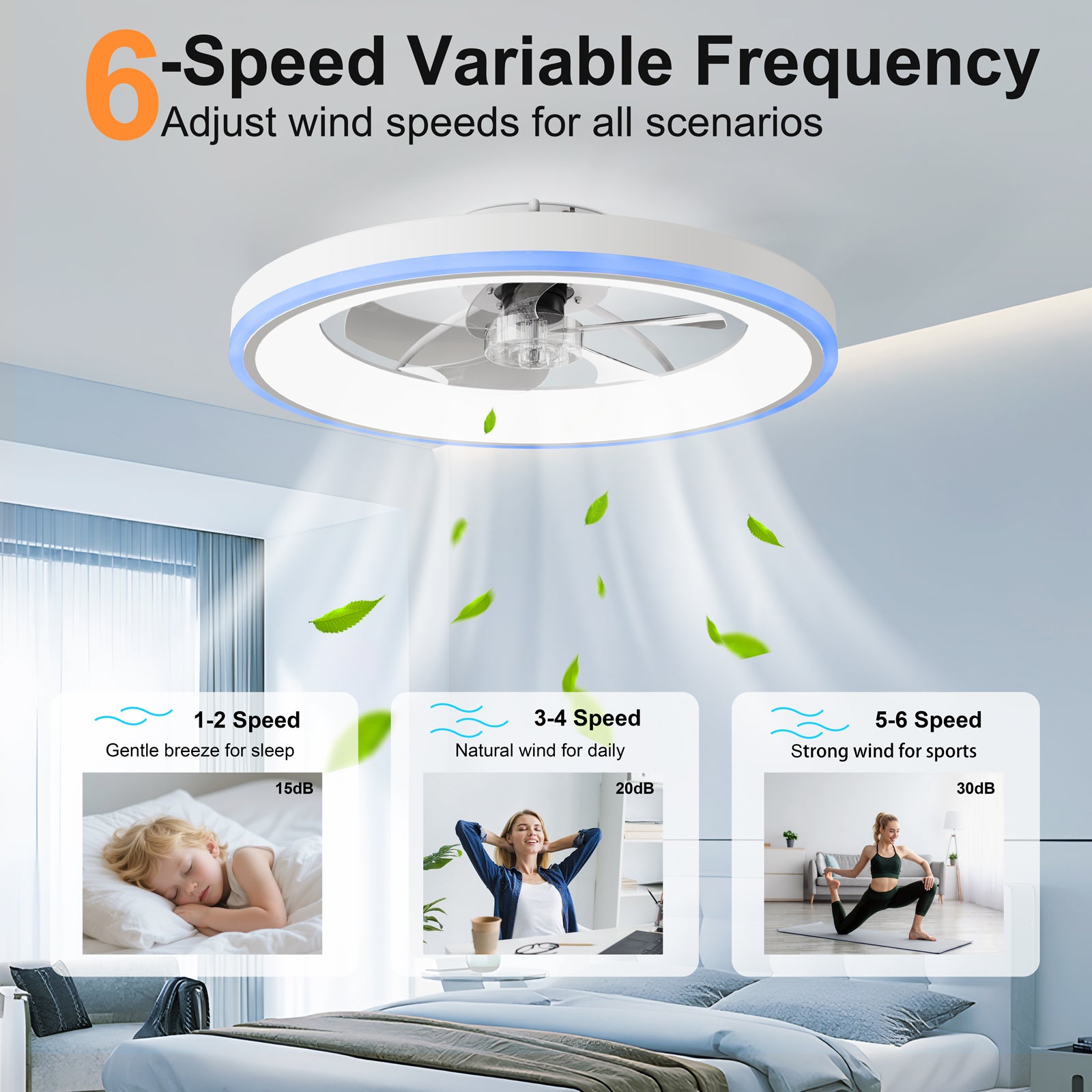 23.6" Modern RGB Ceiling Fan with Lights, Flush Mount Low Profile Fan with Remote & APP, 6-Speed Reversible Silent DC Motor, Dimmable 3000-6500K LED for Bedroom, White image 7