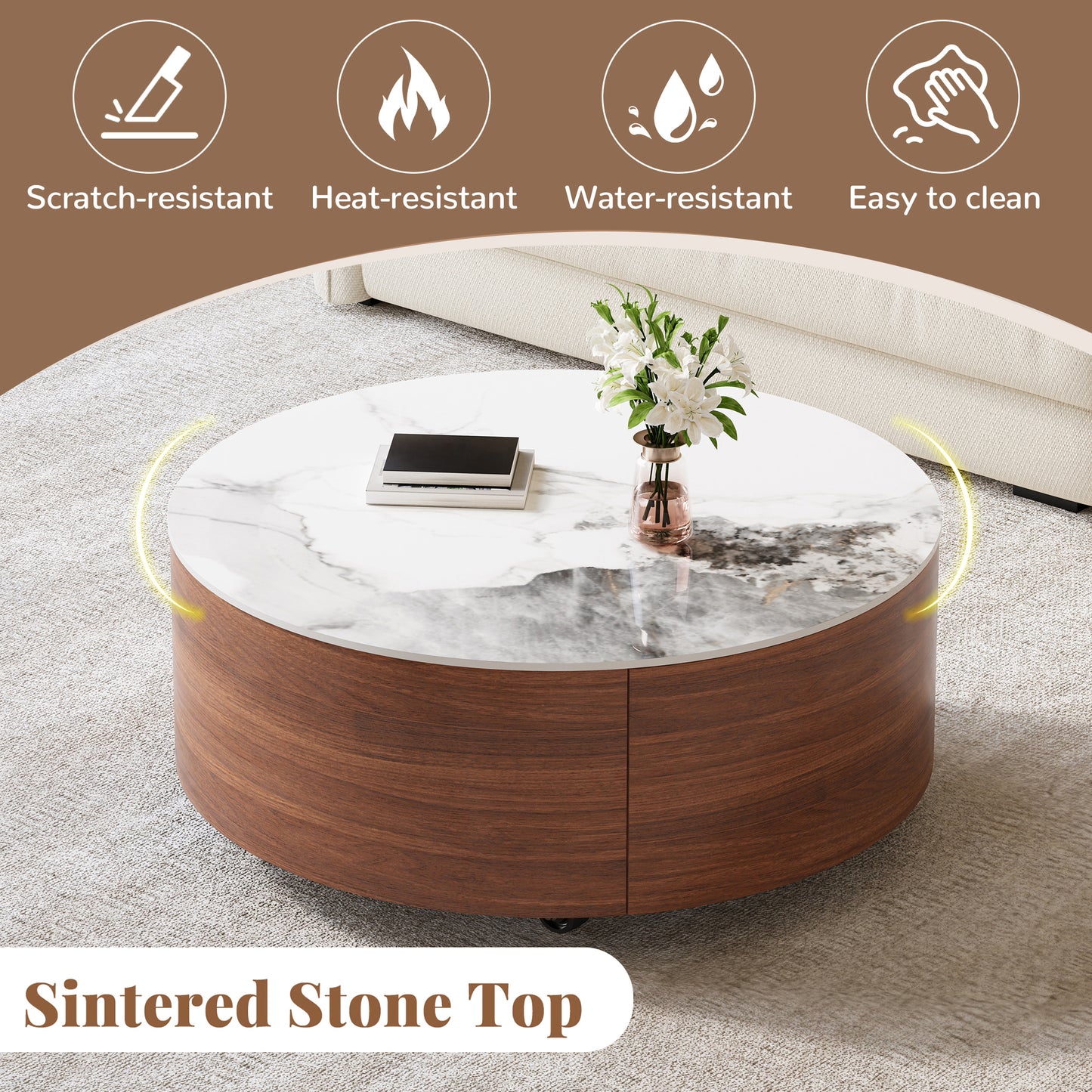 Modern Round Movable Coffee Table with Casters, 2 Drawers, Marble Pattern Sintered Stone Top, Walnut, 29.5" image 6