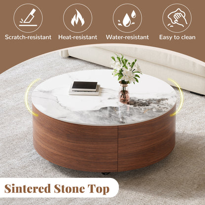Modern Round Movable Coffee Table with Casters, 2 Drawers, Marble Pattern Sintered Stone Top, Walnut, 29.5" image 6