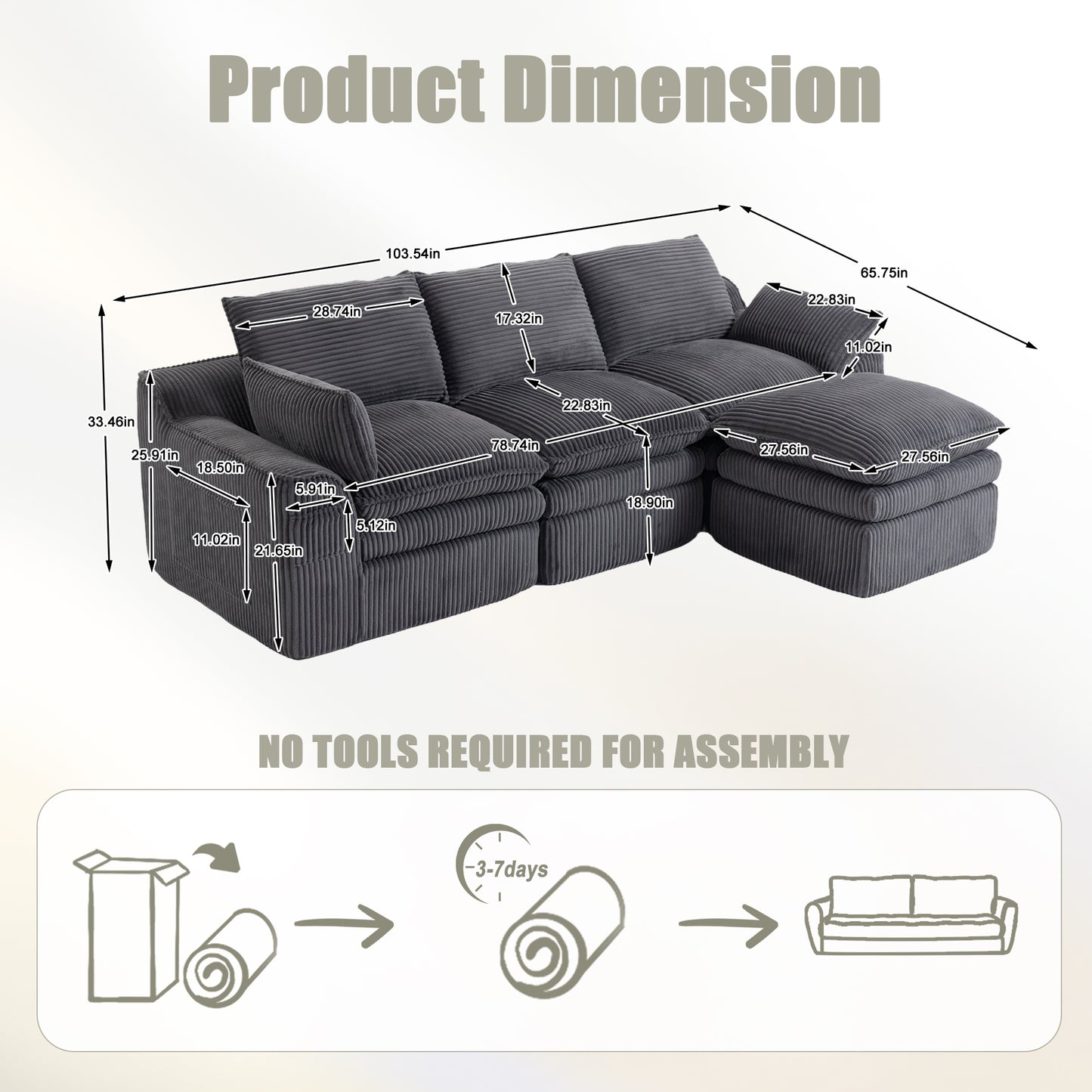 L Shaped Compressed Modular Sectional Sofa Modern Corduroy Upholstered Boneless Couches with Movable Footstool,With Three Pillows and Two Lumbar Pillows,Detachable Cloud Seat Cushions image 7