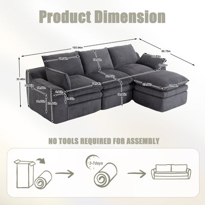 L Shaped Compressed Modular Sectional Sofa Modern Corduroy Upholstered Boneless Couches with Movable Footstool,With Three Pillows and Two Lumbar Pillows,Detachable Cloud Seat Cushions image 7