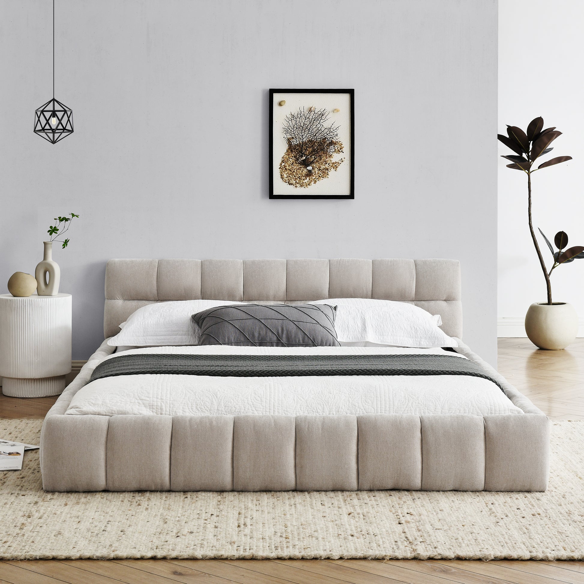 Queen Size Upholstered Bed Frame with Thick Fabric, Chenille Fabric Grounded Queen Size Platform Bed with Headboard and Solid Frame. No Box Spring Needed, Beige(68''*86.5''*23.5'') image 3