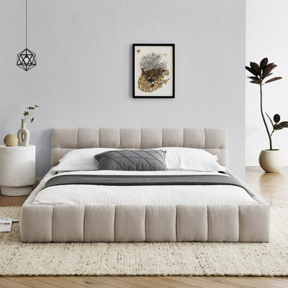 Queen Size Upholstered Bed Frame with Thick Fabric, Chenille Fabric Grounded Queen Size Platform Bed with Headboard and Solid Frame. No Box Spring Needed, Beige(68''*86.5''*23.5'') image 3