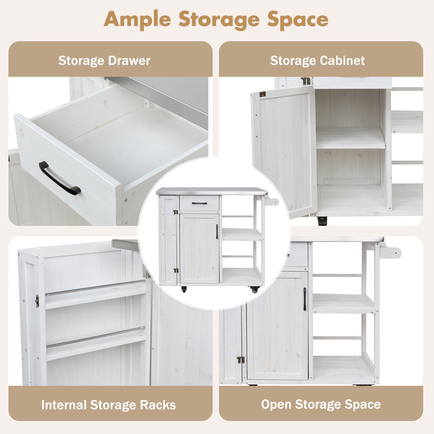 Outdoor Kitchen Island Fir Wood Prep Station Lockable Kitchen Cart with Stainless Top, Ample Storage Space, Towel and Spice Racks for Patio and Outdoor, White image 9
