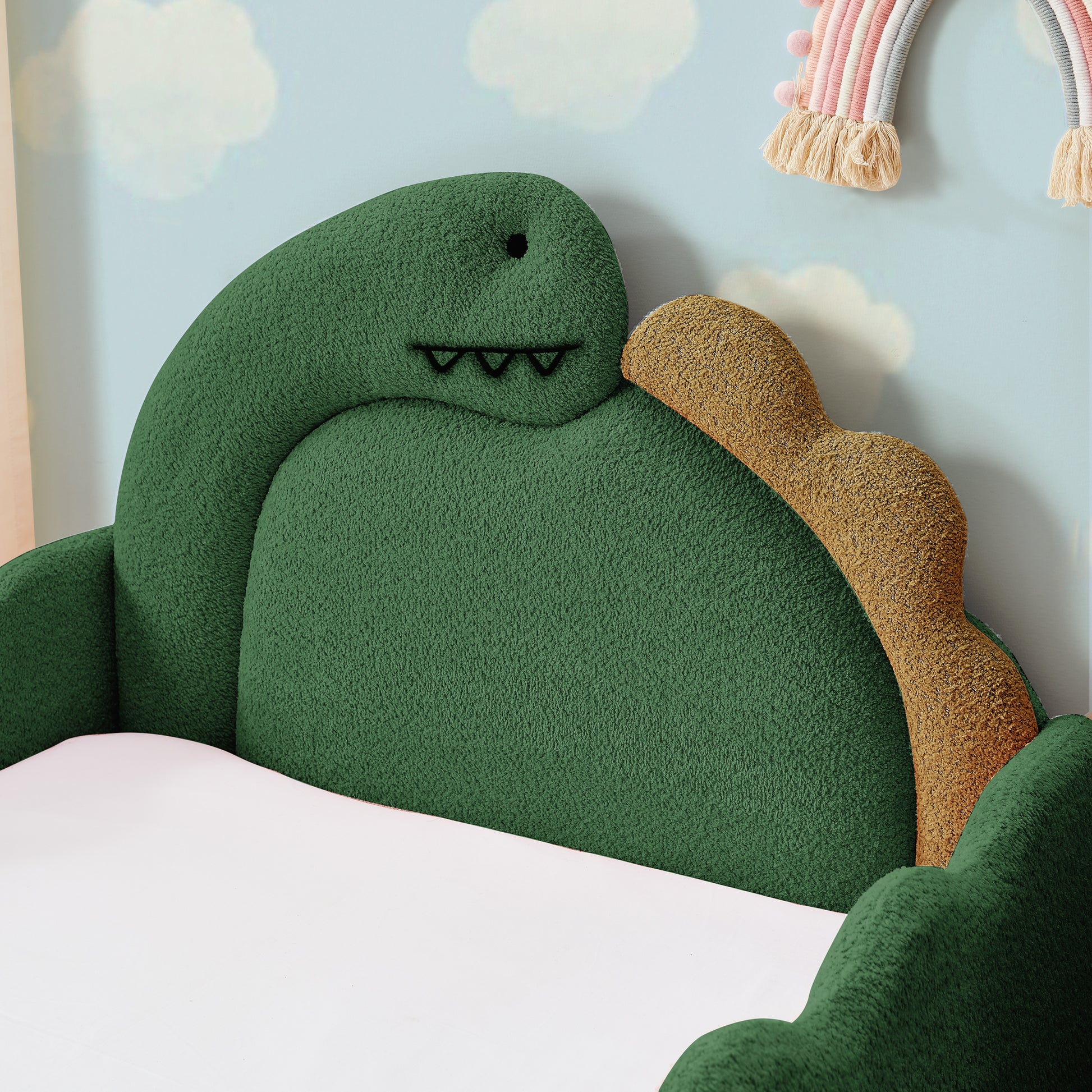 Twin Size Cute Dinosaur-Shaped Kids Bed with Safety Guardraild, Solid Wood Toddler Bed Frame for Children for Bedroom, Boucle Fabric image 4