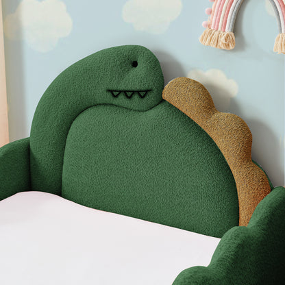 Twin Size Cute Dinosaur-Shaped Kids Bed with Safety Guardraild, Solid Wood Toddler Bed Frame for Children for Bedroom, Boucle Fabric image 4
