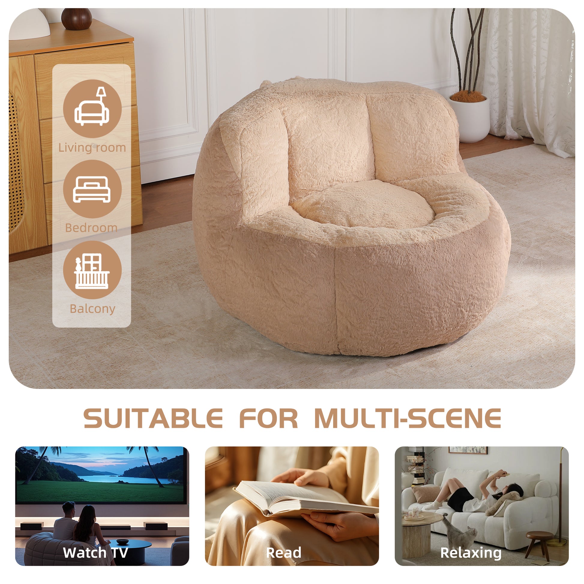 Oversized Bean Bag Chairs,Multicolor Faux Fur Couch Filled with Shredded Sponge,Large Lounger Sofa For Living Room,No Assembly Required,Brown+Camel image 7