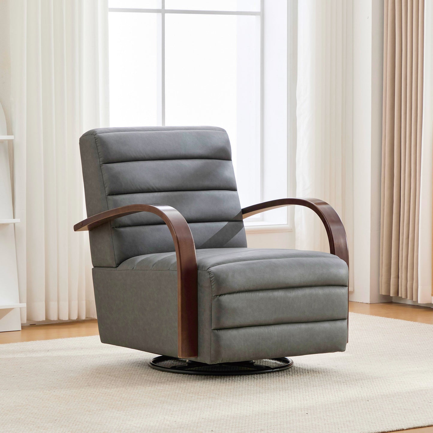 30.7"W Modern Upholstered 360° Swivel Accent Chair with Solid Wood Armrests and Comfy Channel Tufted Lounge Reading Chair, Single Sofa Armchair for Hotel Bedroom Living Room Office and Bedroom. Gray image 1