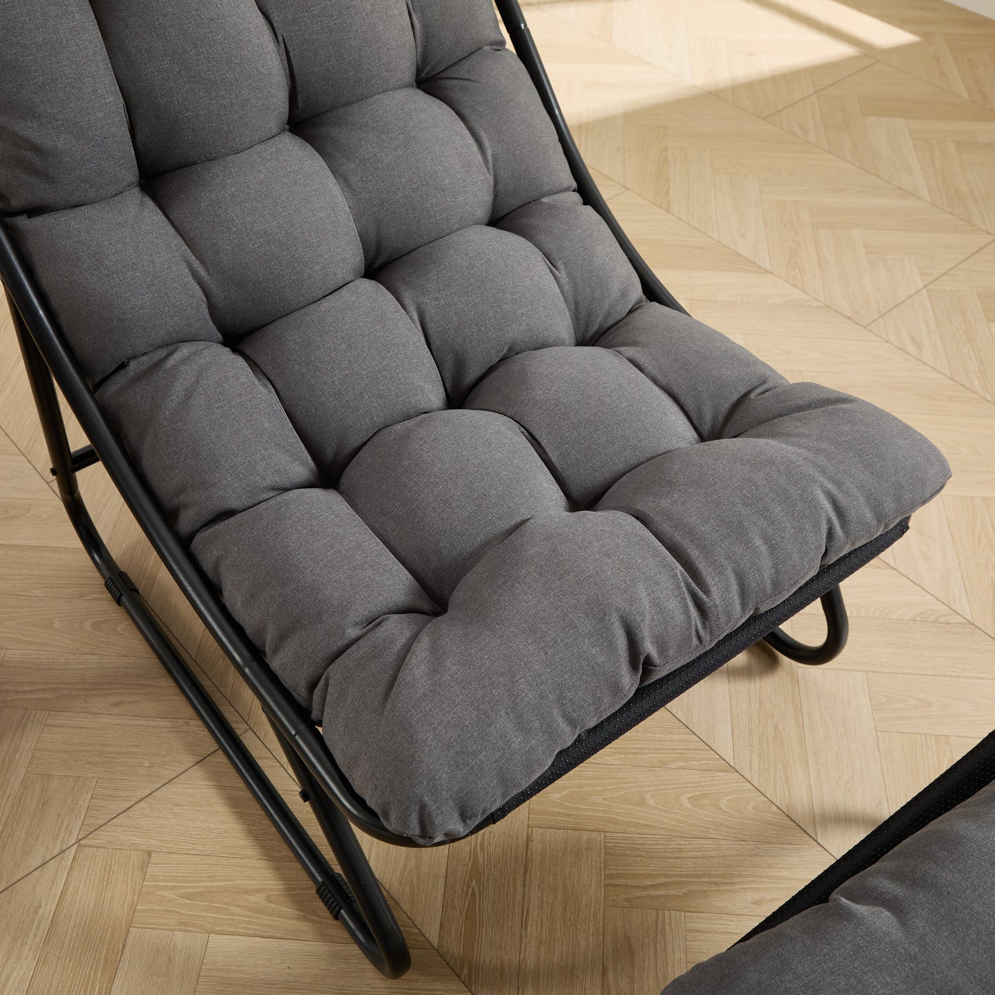Patio Outdoor Lounge Chair with Ottoman, Comfy Sling Recliner Chair with Puffy Cushion and Foot Stool, Ideal for Living Room, Bedroom, Reading Room, Black frame with grey cushion image 5