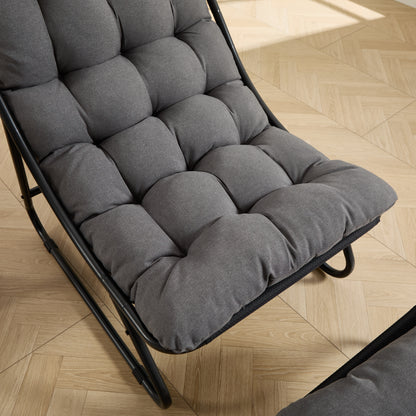 Patio Outdoor Lounge Chair with Ottoman, Comfy Sling Recliner Chair with Puffy Cushion and Foot Stool, Ideal for Living Room, Bedroom, Reading Room, Black frame with grey cushion image 5