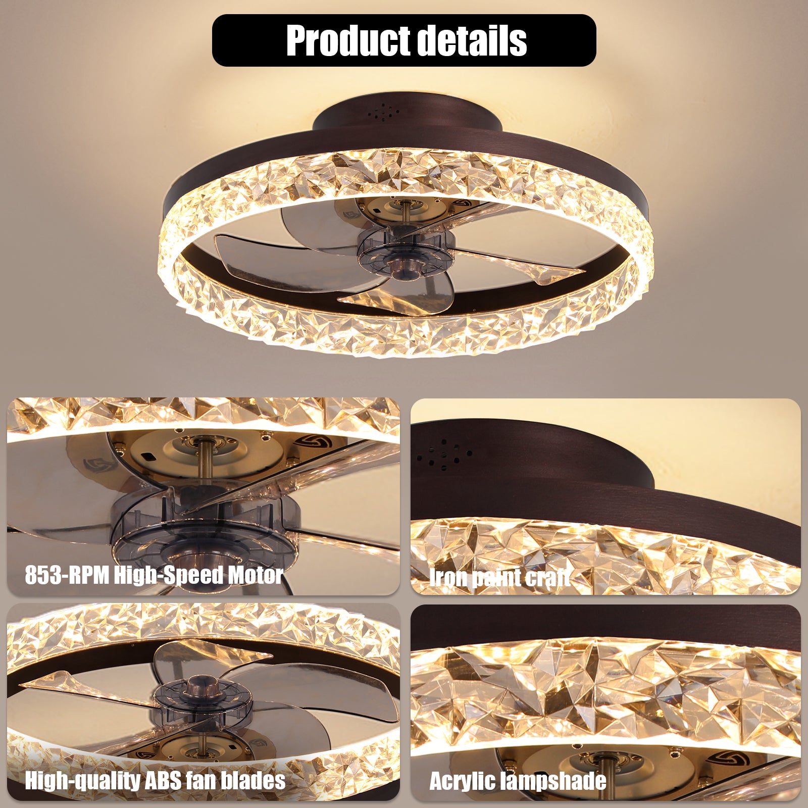 19.7" Ceiling Fans with Lights, Low Profile Ceiling Fan and Remote, Flush Mount Ceiling Fans, Stepless Dimmable LED Light, Brown Fixtures for Bedroom, Living Room image 7