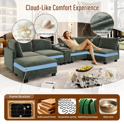121.2" Modular U-Shaped Cloud Sectional Sofa with Movable Ottoman, Chenille Convertible Sofa Bed with Hidden Storage & USB Ports & Cup Holders & Bluetooth Speaker for Living Room, Apartments, Green image 11