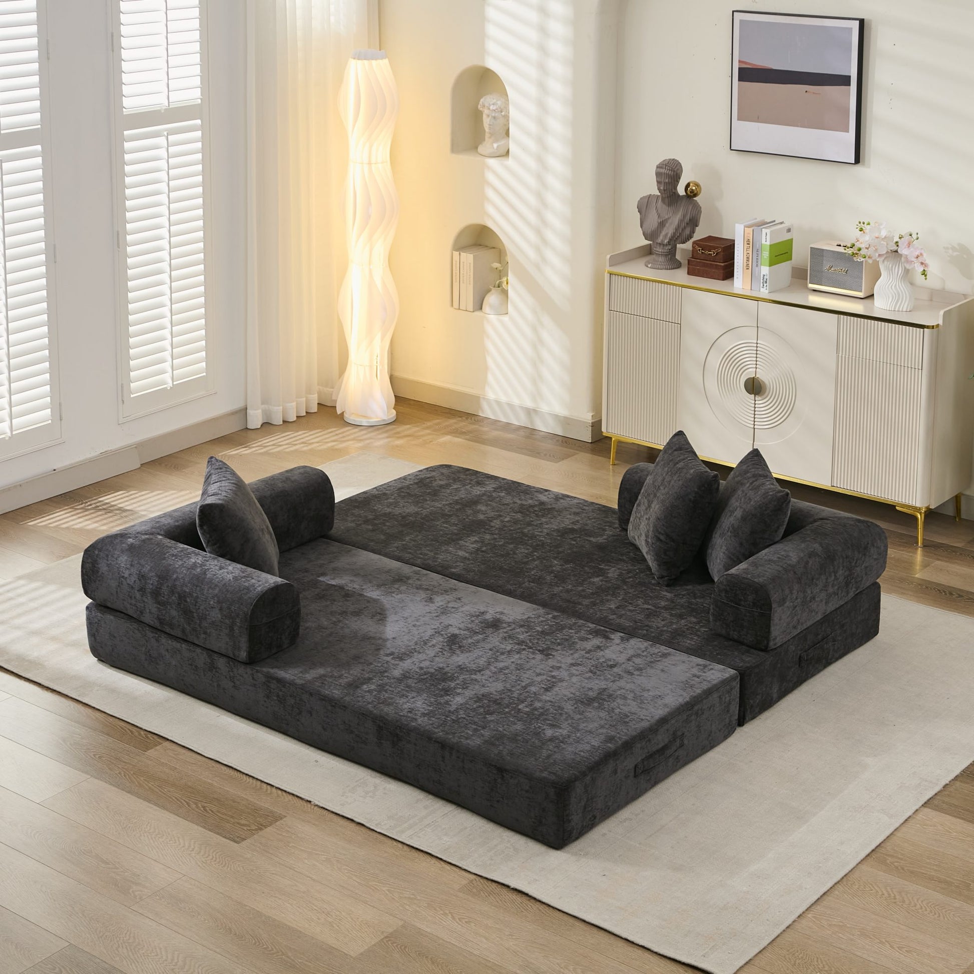 Comfy Convertible Folding Mattress Couch, Floor Sofa Bed, Chenille Floor Sofa with Armrest, Floor Sofa Lounge Couch for Living Room Bedroom Lounge Studio-Black image 7